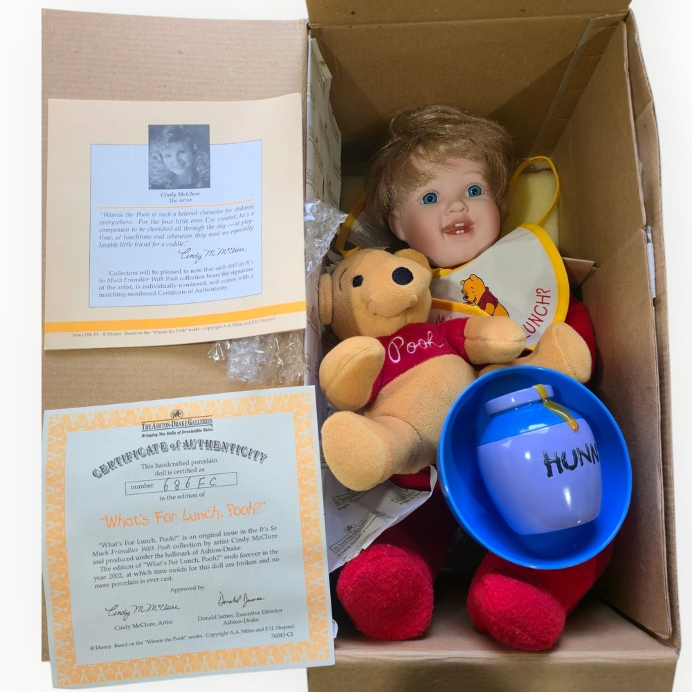 Ashton-Drake What's For Lunch Pooh Porcelain Doll Cindy McClure Disney COA Box